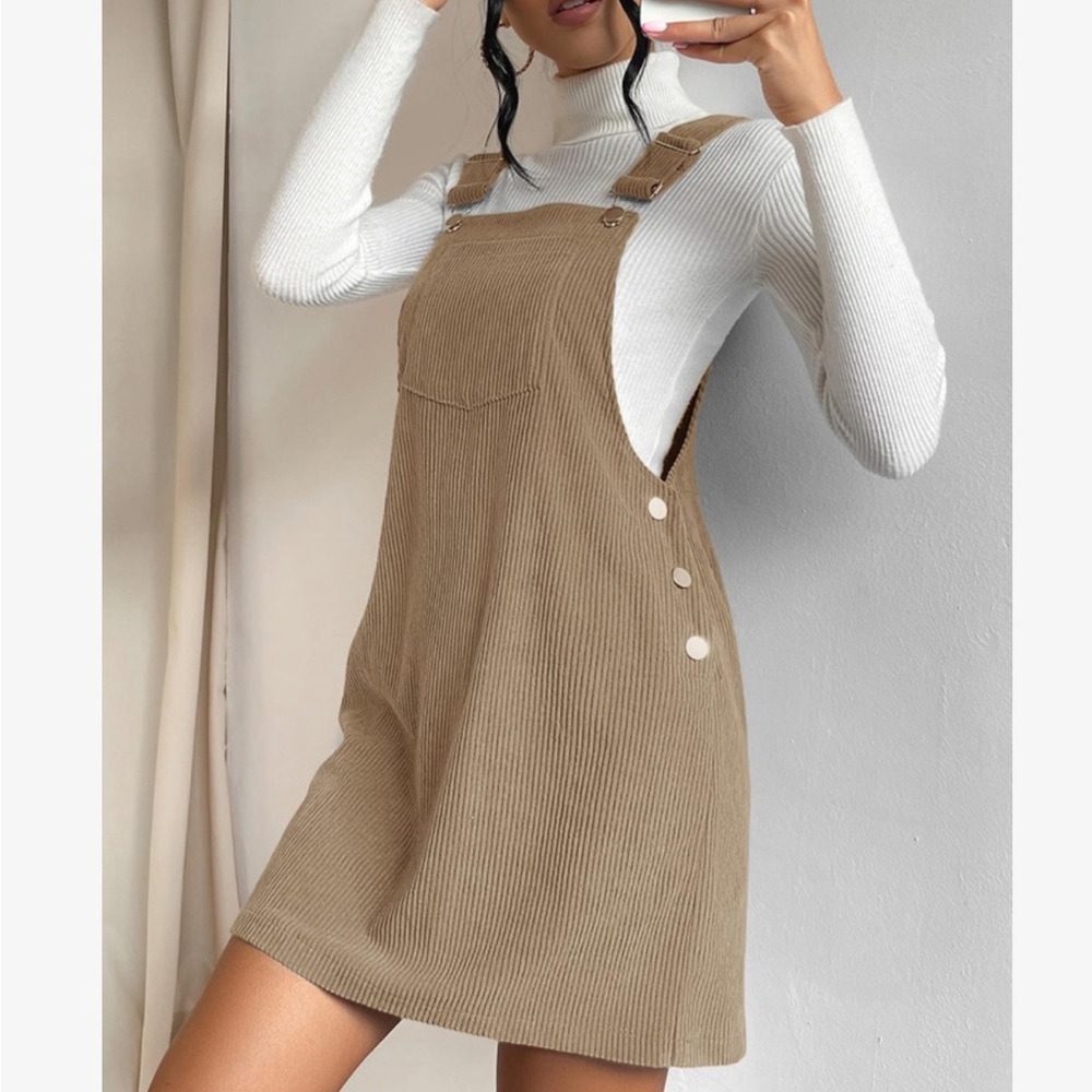 Classic Elegant Corduroy Solid Pocket Jumper Overall Dress Without Sweater - Picture 12 of 15